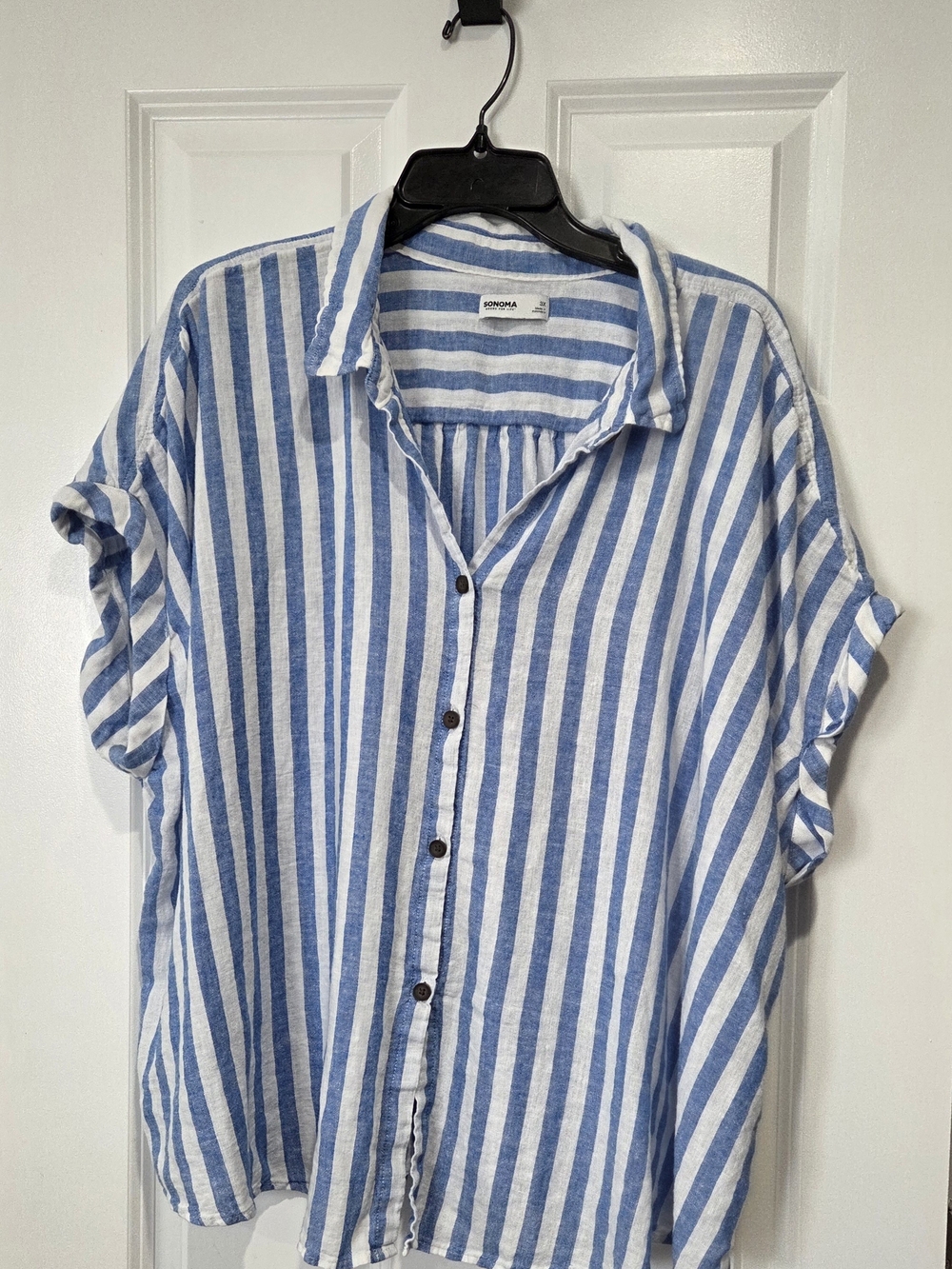 Sonoma Womens Light Blue & White Vertical Stripe Button-Front Shirt